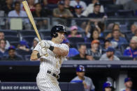 New York Yankees' Andrew Benintendi's RBI double scores Isiah Kiner-Falefa in the fifth inning of a baseball game against the New York Mets, Monday, Aug. 22, 2022, in New York. (AP Photo/Corey Sipkin)