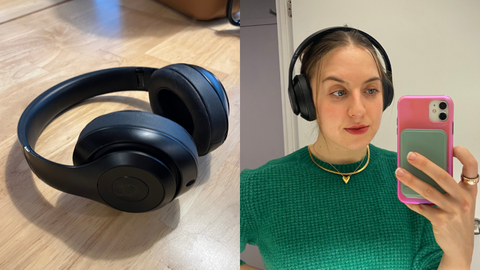 Beats Studio3 wireless over-ear headphones, girl wearing green sweater and beats headphones.  These Beats headphones have thousands of five-star reviews, but I was hoping for better (photos via author).