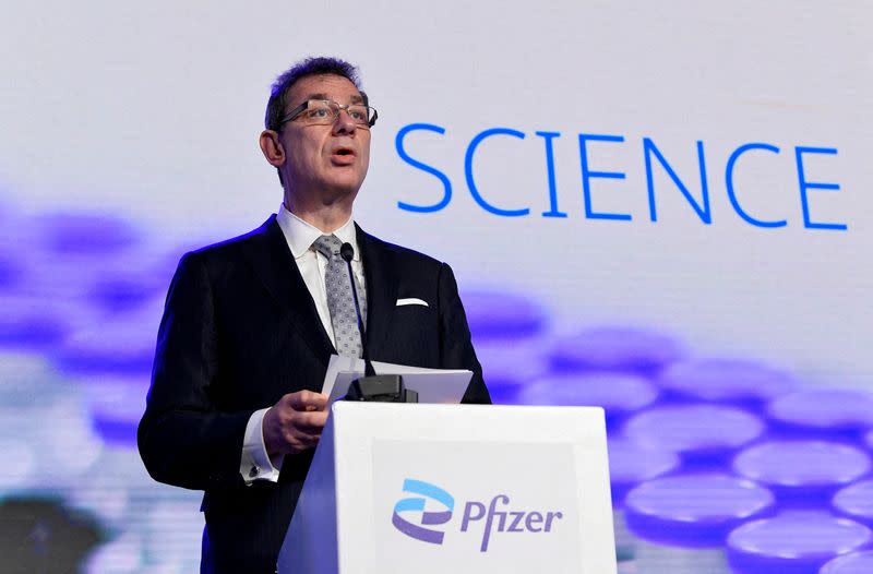FILE PHOTO: Pfizer CEO Albert Bourla talks during a press conference after a visit at Pfizer vaccine plant in Puurs