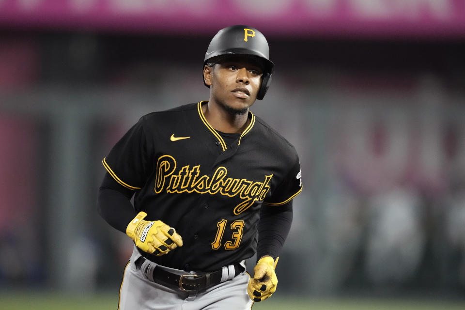 Pittsburgh Pirates' Ke'Bryan Hayes runs the bases after hitting a two-run home run during the eighth inning of a baseball game against the Kansas City Royals Tuesday, Aug. 29, 2023, in Kansas City, Mo. (AP Photo/Charlie Riedel)