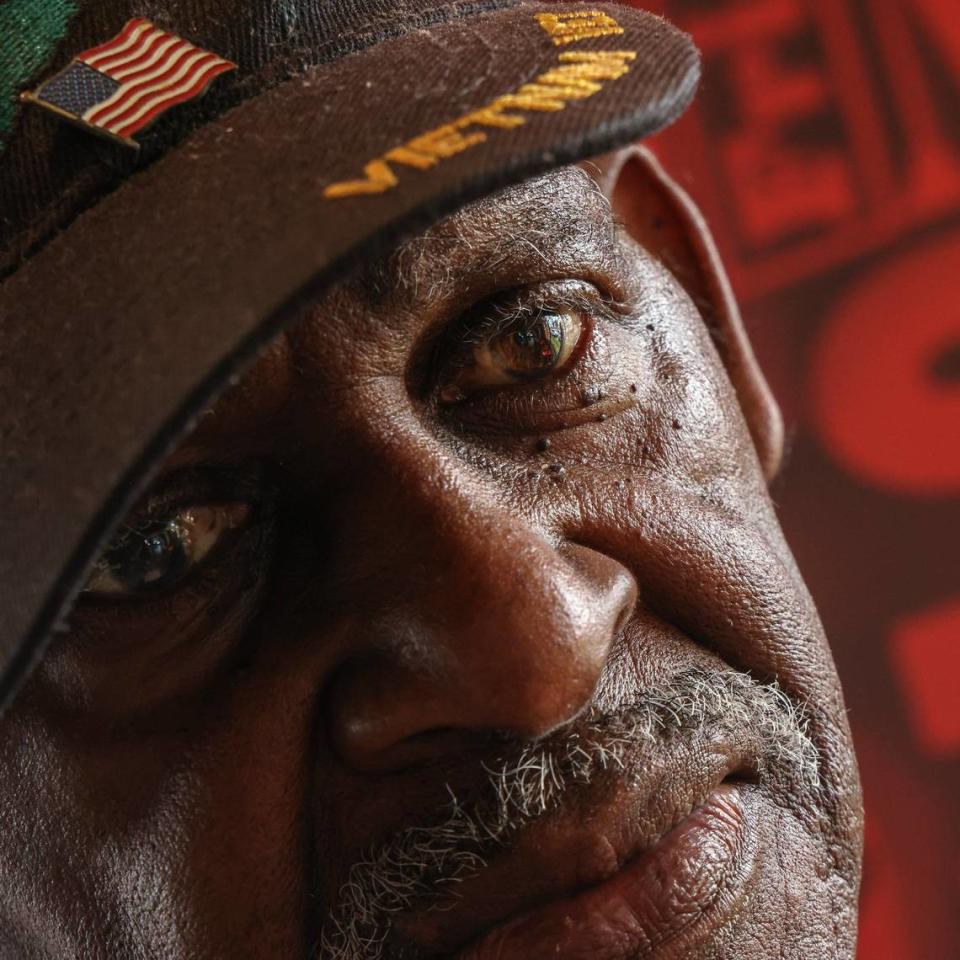 Marines veteran Roosevelt Randolph, 77, is photographed on Thursday, March 28, 2024, in Miami. The Black military veterans gather daily to share memories, stories and fellowship.