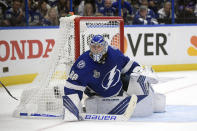 FILE - In this July 7, 2021, file photo, Tampa Bay Lightning goaltender Andrei Vasilevskiy (88) guards the net during the third period of Game 5 of the NHL hockey Stanley Cup finals series against the Montreal Canadiens in Tampa, Fla. (AP Photo/Phelan M. Ebenhack, File)