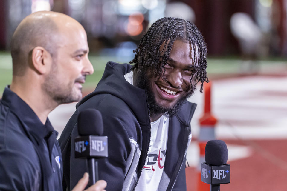 Former Alabama football linebacker Will Anderson talks with the media at Alabama's NFL pro day, Thursday, March 23, 2023, in Tuscaloosa, Ala. (AP Photo/Vasha Hunt)