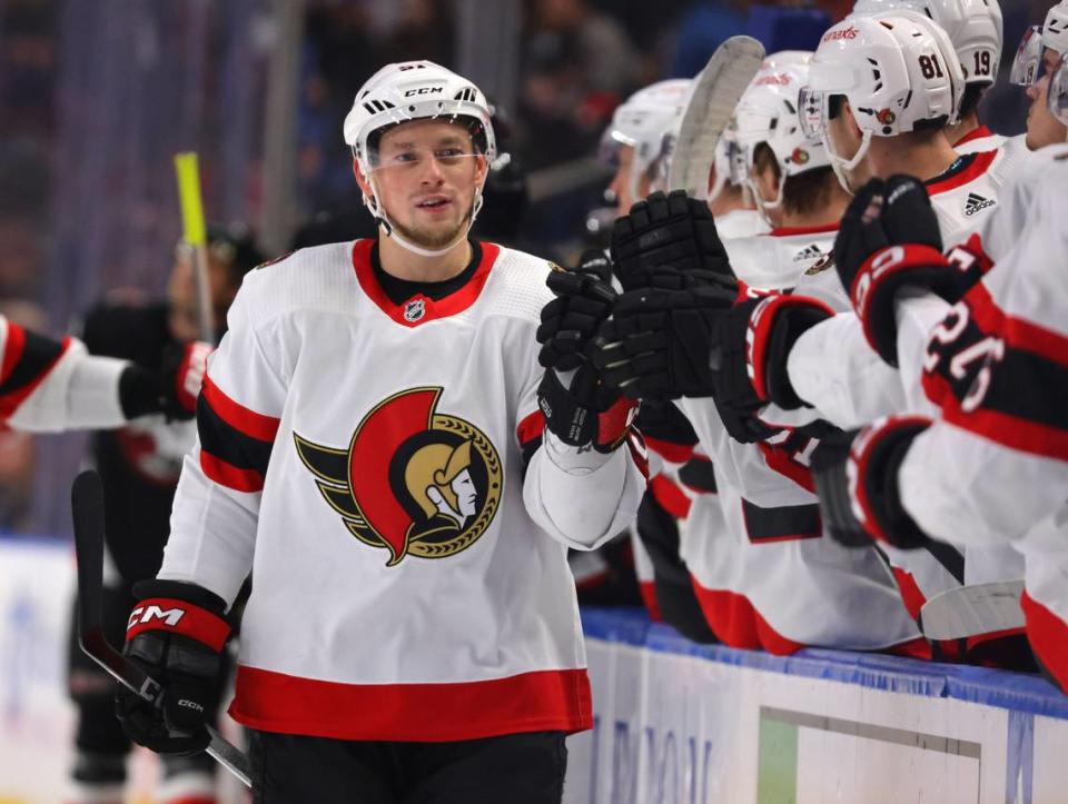 Jan 11, 2024; Buffalo, New York, USA; Ottawa Senators right wing Vladimir Tarasenko (91) celebrates his goal with teammates during the first period against the Buffalo Sabres at KeyBank Center.