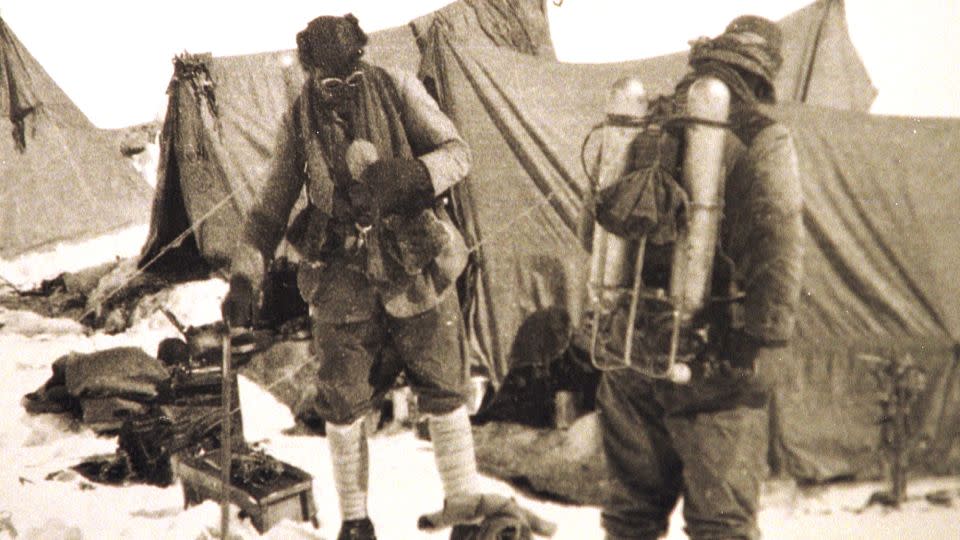 Mallory and Irvine appear at a base camp in Tibet in the last image of the men before they disappeared a century ago. - AP