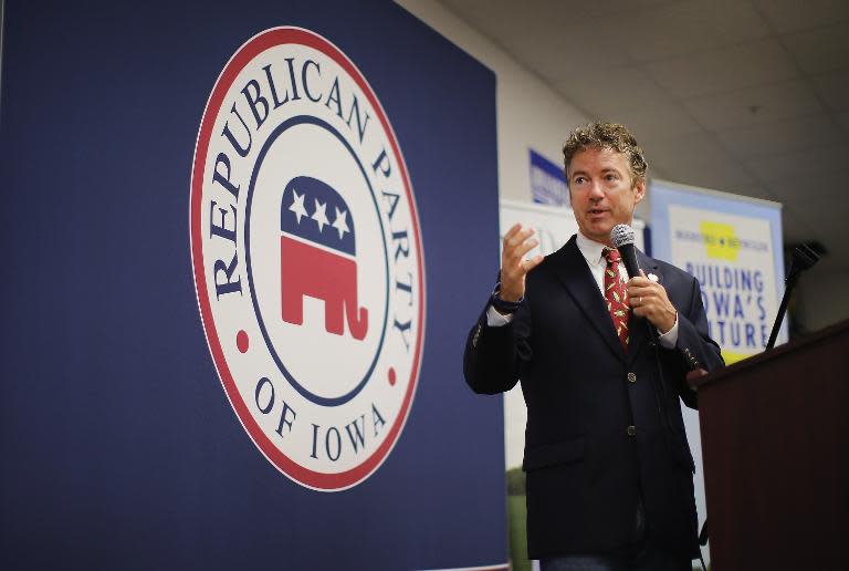 El estadounidense Rand Paul habla en un evento el 6 de agosto de 2014 en Urbandale, Iowa