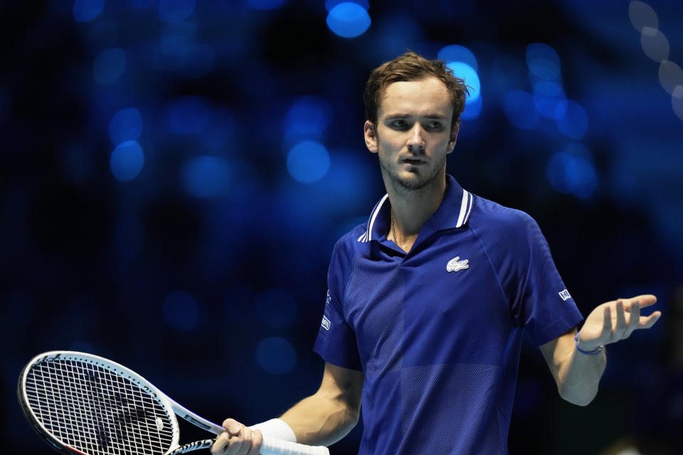 Daniil Medvedev of Russia gestures during his singles final tennis match of the ATP World Tour Finals against Alexander Zverev of Germany, at the Pala Alpitour in Turin, Italy, Sunday, Nov. 21, 2021. (AP Photo/Luca Bruno)