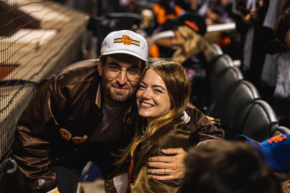 Emma Stone and Dave McCary pose for photo at Citi Field on October 7, 2022.