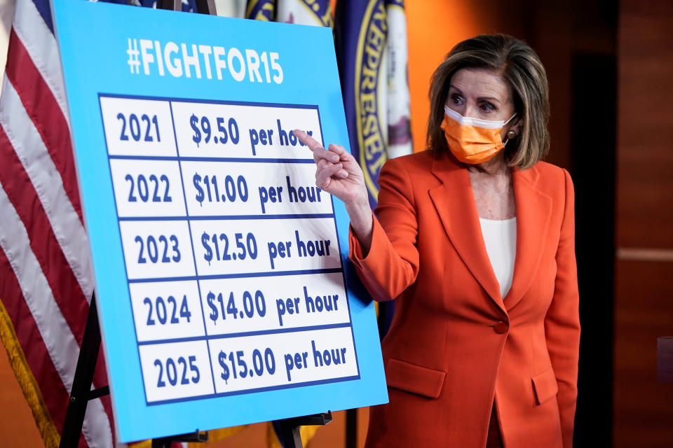 Speaker of the House Nancy Pelosi (D-CA) speaks to the media about legislation to raise the minimum wage during a briefing on Capitol Hill in Washington, U.S., March 11, 2021.      REUTERS/Joshua Roberts