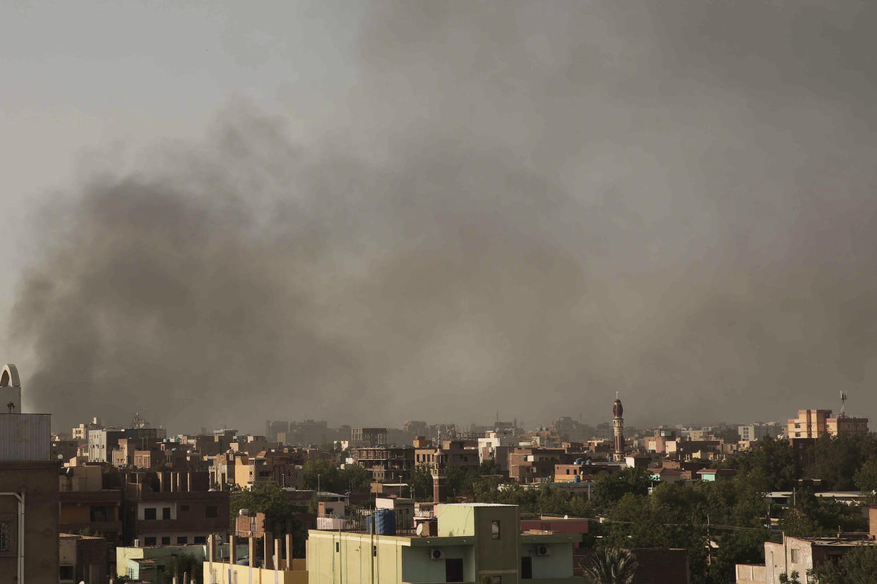 Smoke rises in Khartoum, Sudan, on April 29 as gunfire and heavy artillery fire continued despite a ceasefire. 