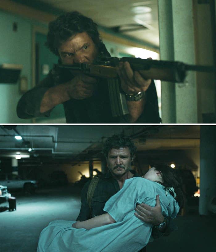 Joel carrying Ellie and firing a gun