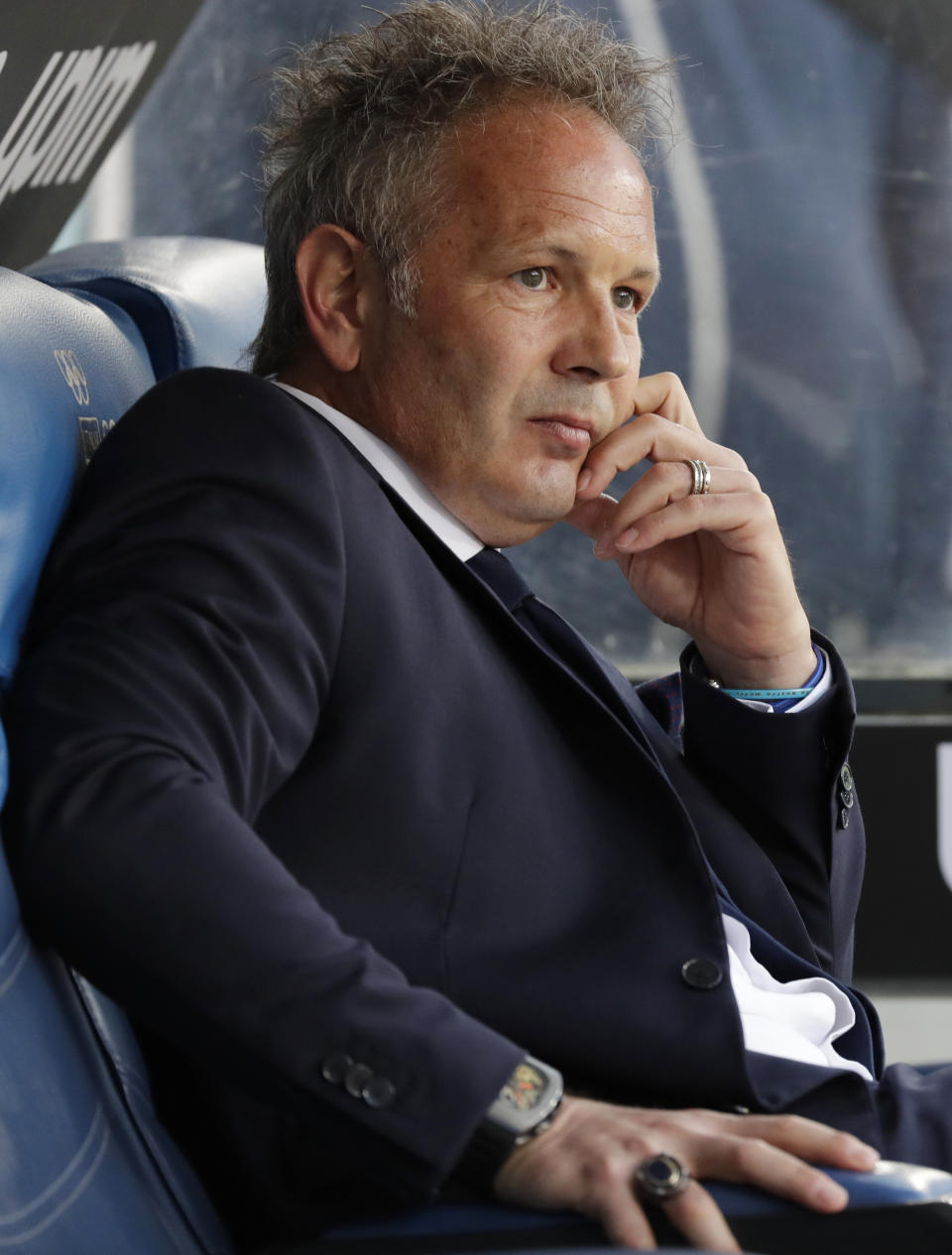 Bologna coach Sinisa Mihajlovic sits on the bench prior to an Italian Serie A soccer match between Lazio and Bologna, at the Olympic stadium in Rome, Monday, May 20, 2019. (AP Photo/Andrew Medichini)