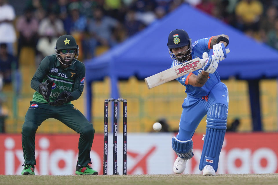 India's Virat Kohli plays a shot during the Asia Cup cricket match between India and Pakistan in Colombo, Sri Lanka, Sunday, Sept.10, 2023. (AP Photo/Eranga Jayawardena)