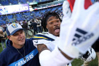 <p>Derwin James #33 of the Los Angeles Chargers celebrates after defeating the Baltimore Ravens after the AFC Wild Card Playoff game at M&T Bank Stadium on January 06, 2019 in Baltimore, Maryland. The Chargers defeated the Ravens with a score of 23 to 17. (Photo by Rob Carr/Getty Images) </p>