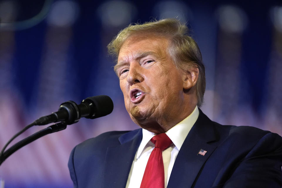 FILE - Republican presidential candidate former President Donald Trump speaks at a Get Out The Vote rally in Conway, S.C., Feb. 10, 2024. Trump still says he's proud that the Supreme Court justices he nominated overturned Roe v. Wade. Yet he avoided questions about whether he would support a national abortion ban should he return to the White House. Trump tried to put the issue to rest on Monday, April 8, in a video statement where Trump did not call for a national abortion ban, disappointing religious conservatives. (AP Photo/Manuel Balce Ceneta, File)