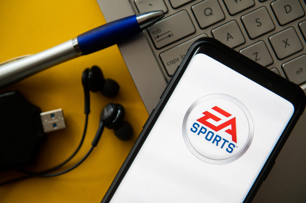 POLAND - 2020/10/20: In this photo illustration a EA Sports logo seen displayed on a smartphone. (Photo Illustration by Mateusz Slodkowski/SOPA Images/LightRocket via Getty Images)