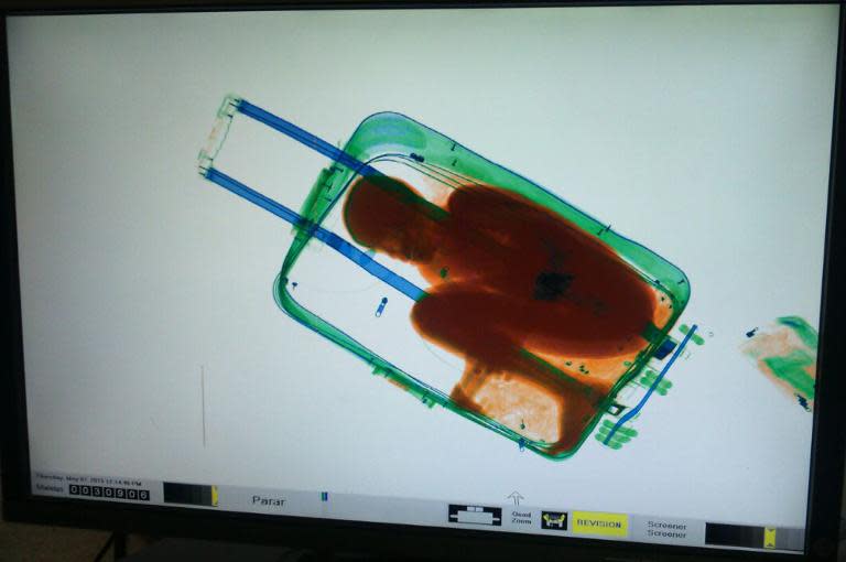 An X-ray image shows the eight-year-old boy hiding in a suitcase