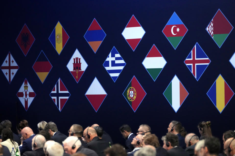 Delegates attend the 47th ordinary UEFA congress in Lisbon, Wednesday, April 5, 2023. (AP Photo/Armando Franca)
