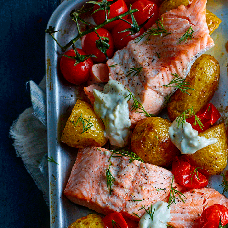 Salmon, potato and tartare sauce traybake - best traybake recipes 2022