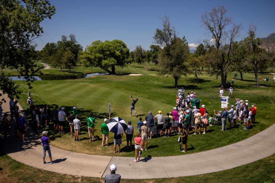 Tyson Shelley takes a tee shot in front of a sizable gallery during the Utah Championship, part of the PGA Korn Ferry Tour, at Oakridge Country Club in Farmington on Saturday, Aug. 5, 2023. | Spenser Heaps, Deseret News