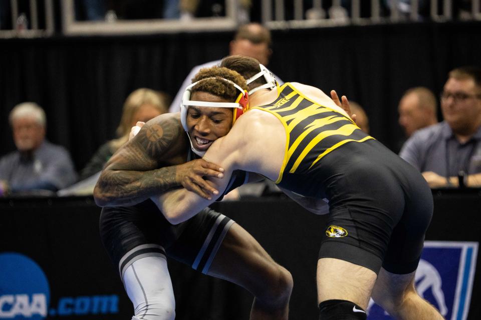 ISU's David Carr wrestles in the 165 lbs semifinal of the NCAA championships Friday, March 22, 2024, at the T Mobile Center in Kansas City, MO.