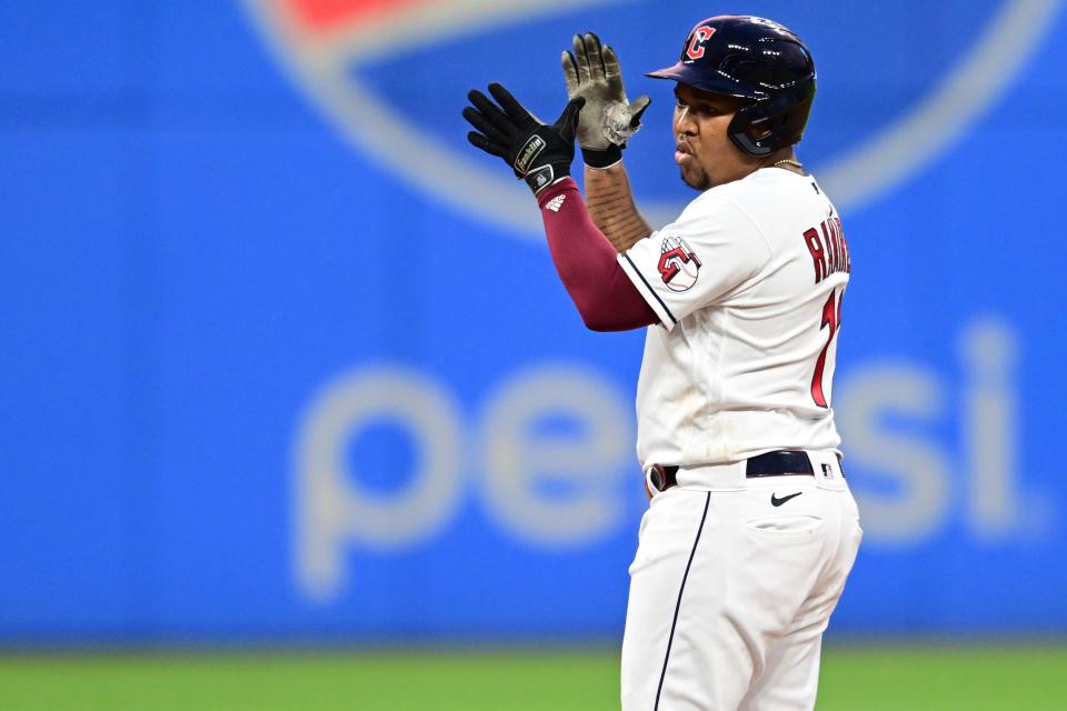 Guardians third baseman Jose Ramirez celebrates after hitting an RBI double against the Oakland Athletics during the seventh inning, Tuesday, June 20, 2023, in Cleveland.