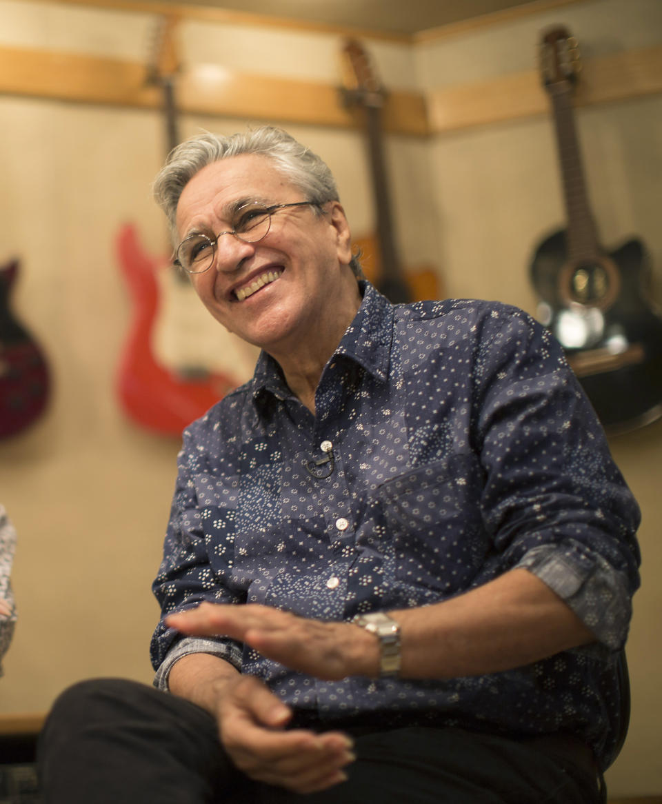 FILE - Brazilian singer Caetano Veloso appears at an interview at a recording studio in Rio de Janeiro, Brazil, on May 27, 2015. Veloso's latest album "Meu Coco," releases on Friday. (AP Photo/Felipe Dana, File)