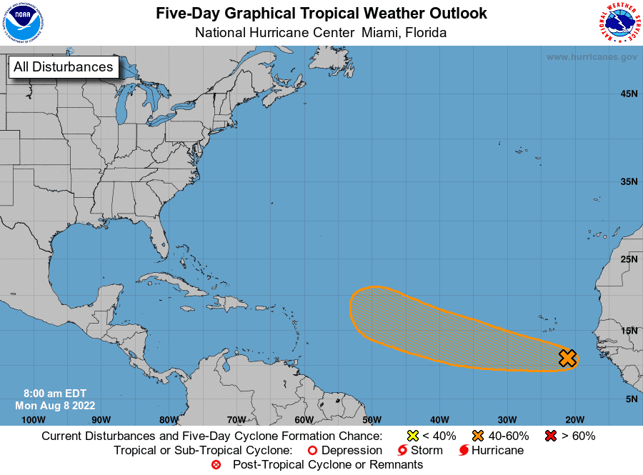 A graphic from the National Hurricane Center shows the position and expected track of a tropical wave that could develop into a tropical depression this week.