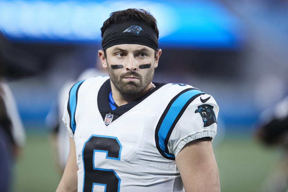FILE - Carolina Panthers quarterback Baker Mayfield (6) stands on the sideline during an NFL preseason football game against the Buffalo Bills, Saturday, Aug. 26, 2022, in Charlotte, N.C. Mayfield faces his former team, the Cleveland Browns, in week 1. (AP Photo/Brian Westerholt, File)