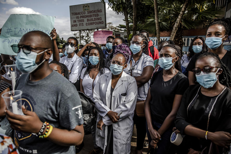 Demonstrators gather during a protest by health care workers, including nurses and clinical officers, against poor working conditions outside the Ministry of Health in Nairobi on Dec. 9, 2020.<span class="copyright">Luis Tato—Bloomberg/Getty Images</span>