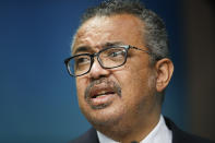 FILE - The head of the World Health Organization, Tedros Adhanom Ghebreyesus speaks during a media conference at an EU Africa summit in Brussels on Feb. 18, 2022. Ghebreyesus, is expected to be confirmed by the U.N. health agency's member countries for a second five-year term on Tuesday, May 24, 2022 after no other candidate challenged him for the post amid the ongoing difficulties of responding to the devastating coronavirus pandemic. (Johanna Geron, Pool Photo via AP, File)