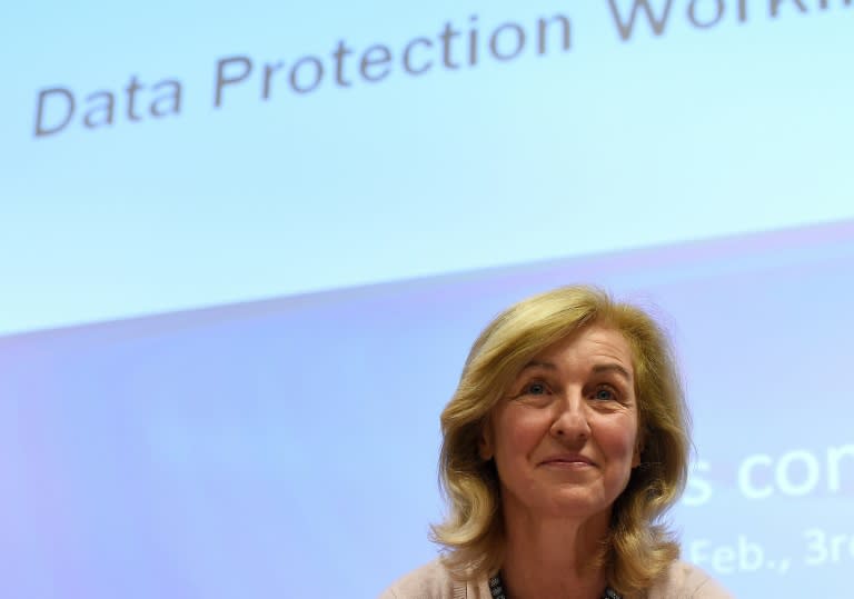 Isabelle Falque-Pierrotin the WP29's Chairwoman, a group including the data protection agencies of EU member states, gives a press conference on the EU-US agreement to allow data flows between the two continents on February 3, 2016 in Brussels