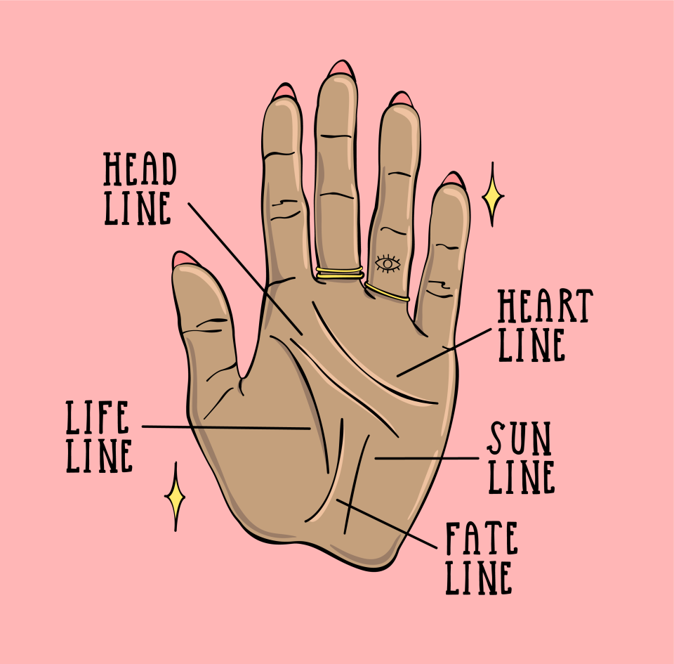 <h1 class="title">Palm lines illustration</h1><cite class="credit"><a href="https://www.instagram.com/sagepizza/?hl=en" rel="nofollow noopener" target="_blank" data-ylk="slk:Sage Aune;elm:context_link;itc:0;sec:content-canvas" class="link ">Sage Aune</a></cite>