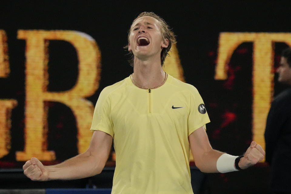 Sebastian Korda of the U.S. celebrates after defeating Daniil Medvedev of Russia in their third round match at the Australian Open tennis championship in Melbourne, Australia, Saturday, Jan. 21, 2023. (AP Photo/Aaron Favila)