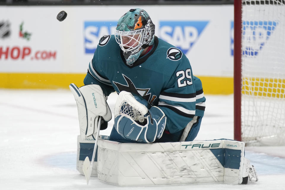 San Jose Sharks goaltender Mackenzie Blackwood (29) defends against a shot attempt by the Montreal Canadiens during the second period of an NHL hockey game in San Jose, Calif., Friday, Nov. 24, 2023. (AP Photo/Jeff Chiu)