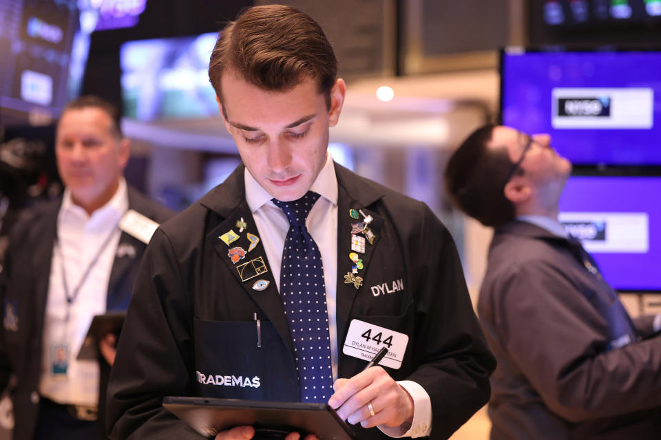 NEW YORK, NEW YORK - APRIL 29: Traders work on the floor of the New York Stock Exchange during morning trading on April 29, 2024 in New York City. Stocks opened high Monday morning amid a Federal Reserve rate decision and the monthly jobs report later this week.  (Photo by Michael M. Santiago/Getty Images)