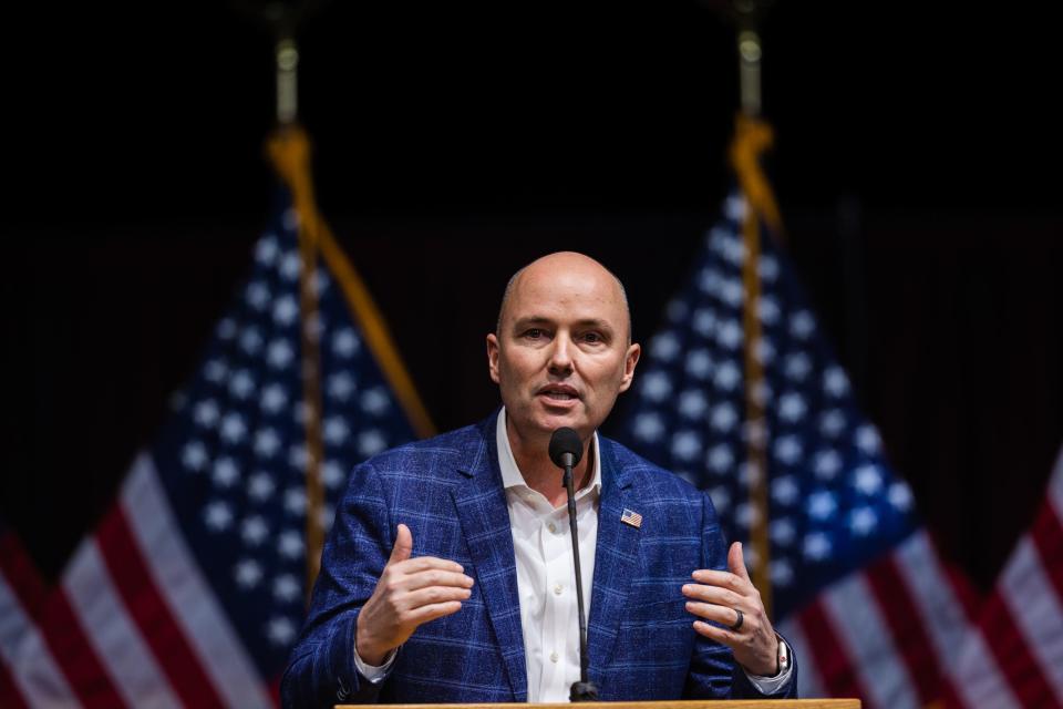 Utah Gov. Spencer Cox speaks during the Utah Republican Party Organizing Convention at Utah Valley University in Orem on April 22, 2023. | Ryan Sun, Deseret News