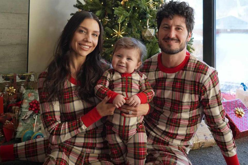 <p>jenna johnson/Instagram</p> Jenna Johnson and Val Chmerkovskiy pose with son Rome on Christmas