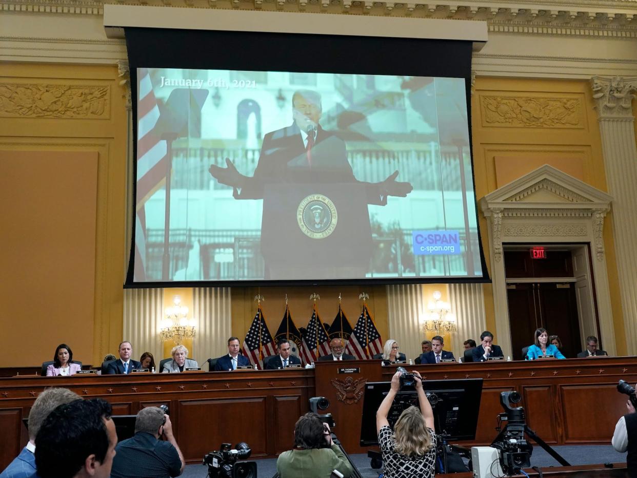 A video of former President Donald Trump speaking during a rally, as the House select committee investigating the Jan. 6, 2021, attack on the Capitol holds a hearing at the Capitol in Washington, Thursday, June 16, 2022.