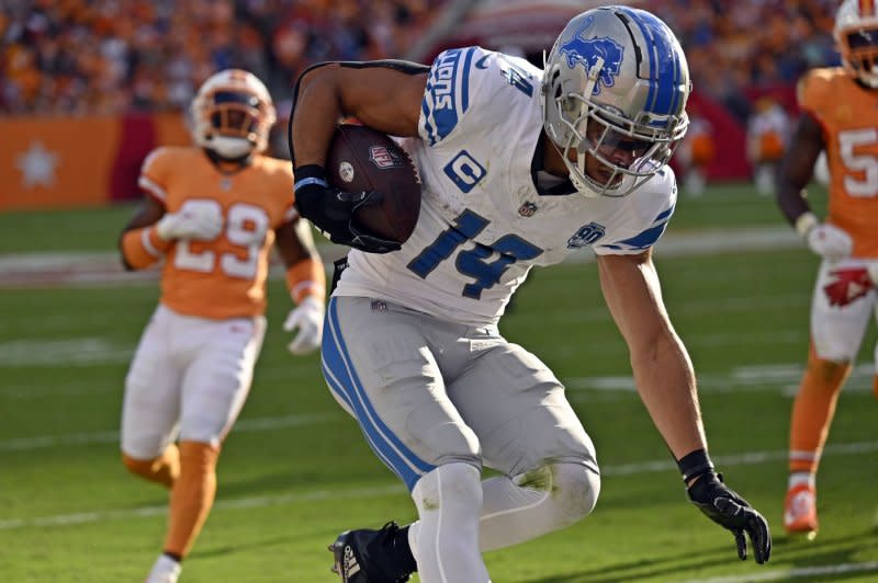 Detroit Lions wide receiver Amon-Ra St. Brown (R) is a Top 5 fantasy football play in Week 10. File Photo by Steve Nesius/UPI