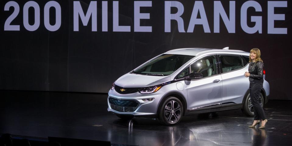 general motors chairman and ceo mary barra introduces the 2017 chevrolet bolt ev at its world debut during the consumer electronics show wednesday, january 6, 2016 in las vegas, nevada the bolt ev offers more than 200 miles of range on a full charge at a price below $30,000 after federal tax credits the bolt ev features advanced connectivity technologies and seamless integration the bolt ev will begin production by the end of 2016 photo by dan macmedan for chevrolet