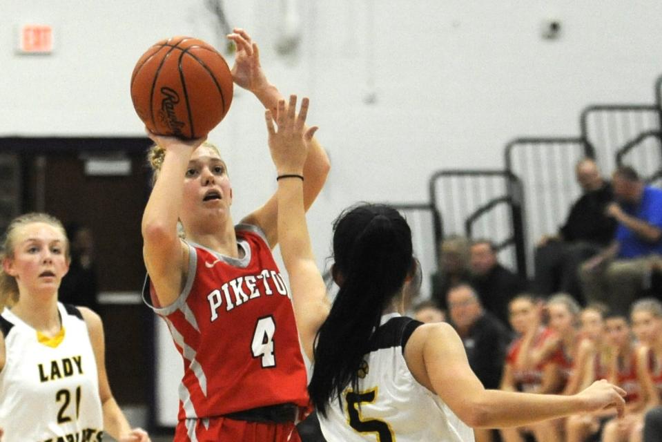 Piketon's Laila Kelley (#4) puts up a shot during the Redstreaks' preseason scrimmage against the Paint Valley Bearcats on Nov. 17, 2023 at Unioto High School.