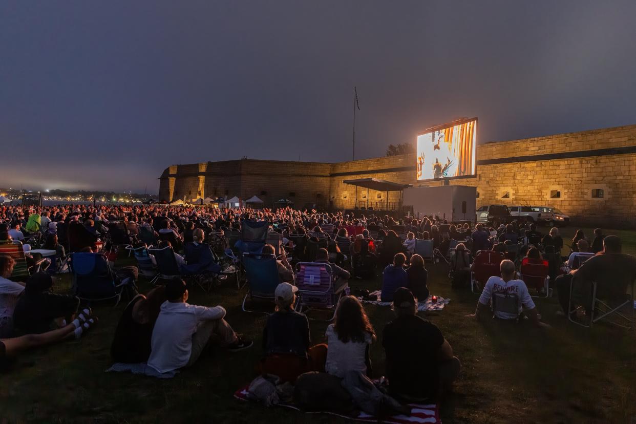 A large crowd gathers for newportFILM's premiere of "Water Brother: The Sid Abbruzzi Story" at Fort Adams on Thursday, Aug. 17, 2023.