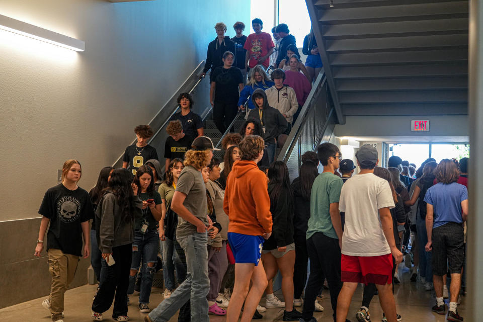 Students exit the building through a stairwell during a fire drill at Moe & Gene Johnson High School in Buda. “Right now, these classrooms are built to function for around 25 to 26 students,” Principal Brett Miksch said. “We’re at 35, 36 students.”