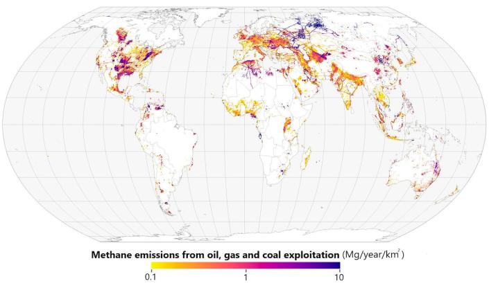 Map of methane emissions from oil, gas and coal globally, 2016. <a href="https://earthobservatory.nasa.gov/images/149374/mapping-methane-emissions-from-fossil-fuel-exploitation" rel="nofollow noopener" target="_blank" data-ylk="slk:Joshua Stevens/NASA Earth Observatory" class="link ">Joshua Stevens/NASA Earth Observatory</a>