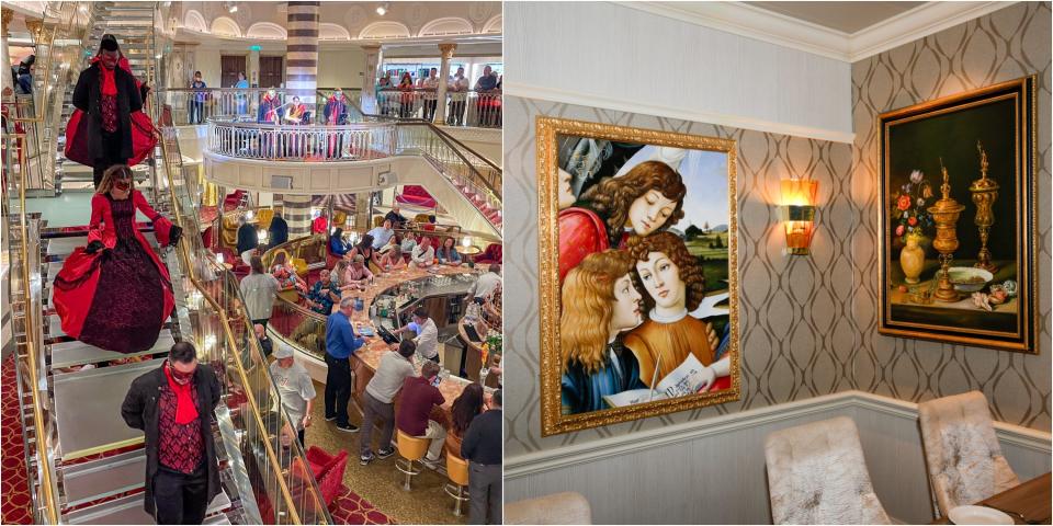 A composite image of cruise workers walking down a staircase dressed in Venetian masks and gowns and of Italian-style artwork.