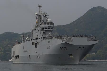 French amphibious assault ship Mistral arrives at Japan Maritime Self-Defense Force's Sasebo naval base in Sasebo, Nagasaki prefecture, Japan April 29, 2017, ahead of joint exercises with U.S., British and Japanese forces in waters off Guam. REUTERS/Nobuhiro Kubo/Files