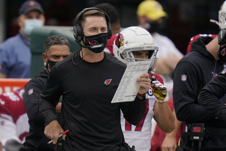 Arizona Cardinals head coach Kliff Kingsbury works the sidelines during the second half of an NFL football game against the New York Jets, Sunday, Oct. 11, 2020, in East Rutherford. (AP Photo/Seth Wenig)