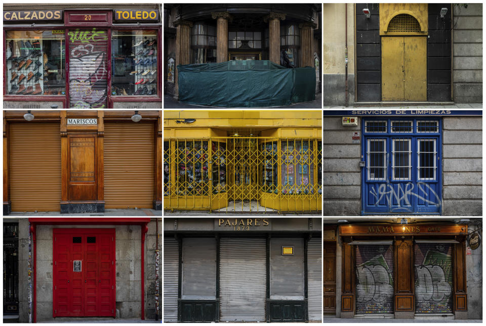 This combination of photos taken between April 19 and April 21, 2020, shows details of businesses closed during the coronavirus outbreak in Madrid, Spain. (AP Photo/Bernat Armangue)