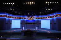 Lecterns for President Donald Trump and Democratic presidential candidate, former Vice President Joe Biden stand onstage as preparations take place for the second presidential debate at Belmont University, Thursday, Oct. 22, 2020, in Nashville, Tenn. (AP Photo/Patrick Semansky)